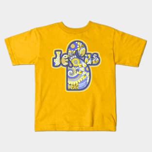 Blue Floral Jesus Cross Art Kids T-Shirt